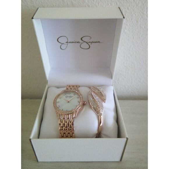 Jessica Simpson JSB8008RG Gold Crystal Leaf Hinged Bangle Watch Set $120 - Picture 4 of 9